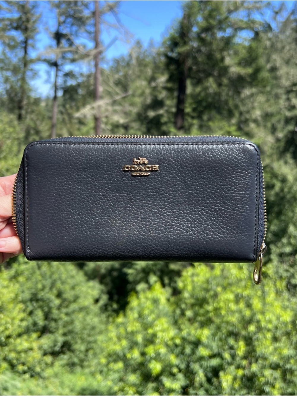 COACH Long Zip-Around Wallet Navy Pebble Leather w Gold Hardware AUTHENTIC